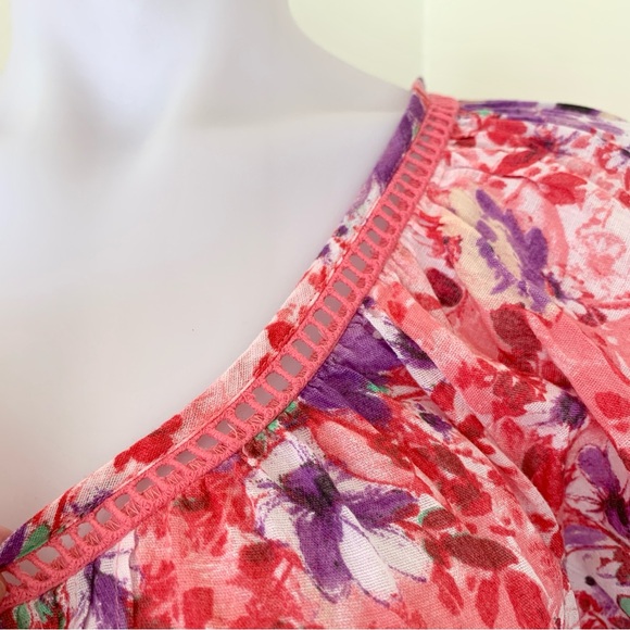 pink purple floral print cap short sleeve blouse with tassels - Picture 4 of 16